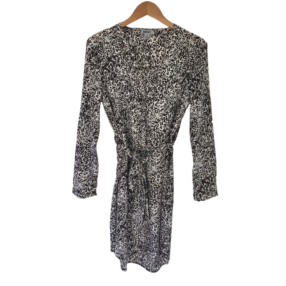DKNY Belted Semi-Sheer Animal Print Black & White Shirt Dress | M